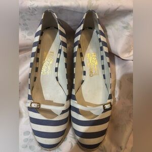 Women’s Salvatore Ferragamo size 9B wedges, blue white striped